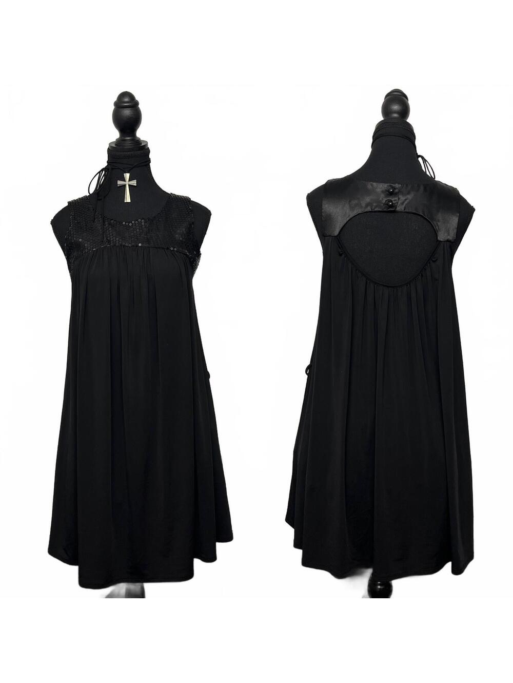 Vintage Co-Me Como Black Party Dress W Sequinned Collar Open Back Sz S USA Made
